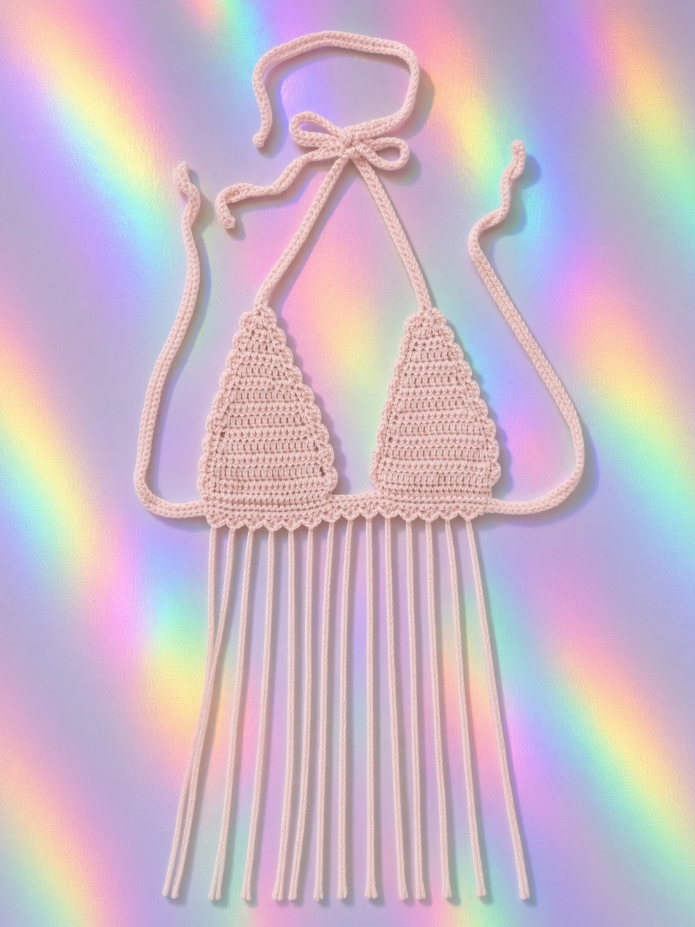 Pink Crochet Fringe Triangle Bikini Top